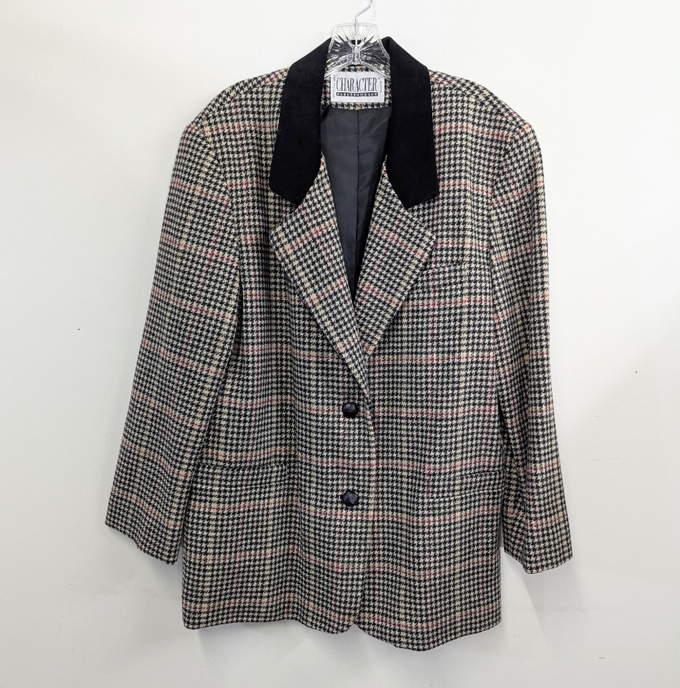 Vintage Brown Black Houndstooth Plaid Blazer with Velvet Collar Heritage Prep L